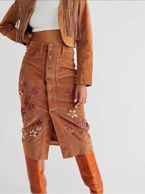 Free People Driftwood Embroidered Corduroy Midi Skirt size 25 Boho Western